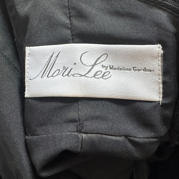 Morilee by Madeline Gardner Black Satin Tie Sash Cap Sleeve Deep V-Back Gown - Picture 10 of 13